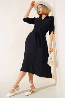 Kuşaklı Boydan Düğmeli Elbise Siyah - Thumbnail