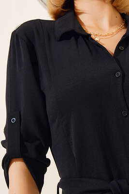 Kuşaklı Boydan Düğmeli Elbise Siyah - Thumbnail