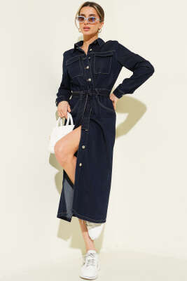 Kuşaklı Boydan Düğmeli Kot Midi Elbise Lacivert - LEVURE