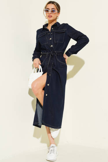 Kuşaklı Boydan Düğmeli Kot Midi Elbise Lacivert - Kadın Giyim Modelleri