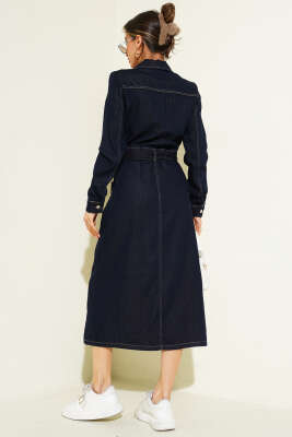 Kuşaklı Boydan Düğmeli Kot Midi Elbise Lacivert - Kadın Giyim Modelleri