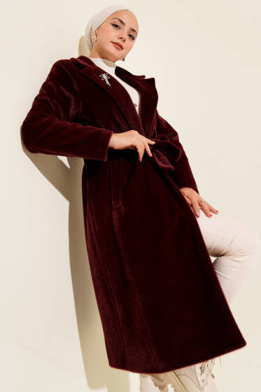Kuşaklı Bronş Detaylı Kaşe Kaban Bordo - Kaban