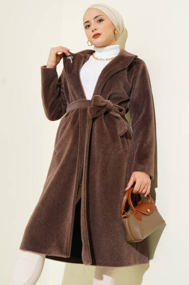 Kuşaklı Bronş Detaylı Kaşe Kaban Kahve - Kaban