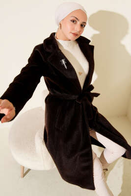 Kuşaklı Broş Detaylı Kaşe Kaban Acı Kahve - MUSTİ