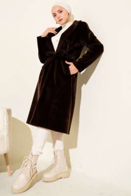 Kuşaklı Broş Detaylı Kaşe Kaban Acı Kahve - Kaban