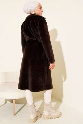 Kuşaklı Broş Detaylı Kaşe Kaban Acı Kahve - Kaban