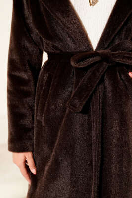 Kuşaklı Broş Detaylı Kaşe Kaban Acı Kahve - Kaban