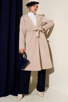 Kuşaklı Broş Detaylı Kaşe Kaban Bej - Kaban