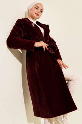 Kuşaklı Broş Detaylı Kaşe Kaban Bordo - MUSTİ