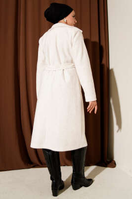 Kuşaklı Broş Detaylı Kaşe Kaban Ekru - Kaban