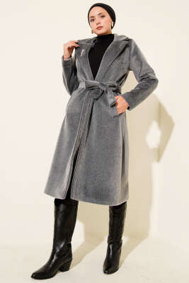 Kuşaklı Broş Detaylı Kaşe Kaban Füme - Kaban