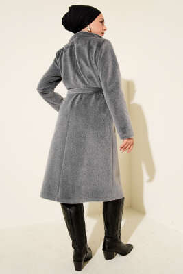 Kuşaklı Broş Detaylı Kaşe Kaban Füme - Kaban