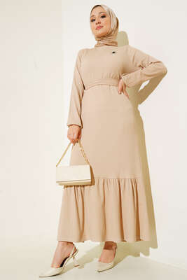 Kuşaklı Bürümcük Elbise Bej - Tesettür Elbise