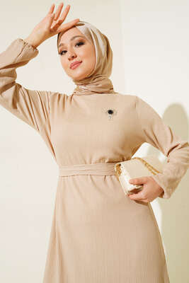 Kuşaklı Bürümcük Elbise Bej - Tesettür Elbise