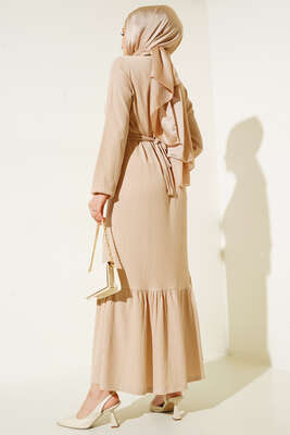 Kuşaklı Bürümcük Elbise Bej - Tesettür Elbise