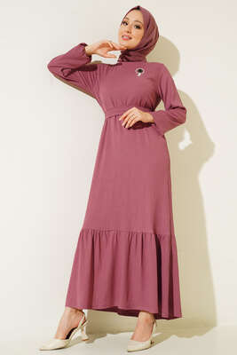 Kuşaklı Bürümcük Elbise Magenta - Tesettür Elbise
