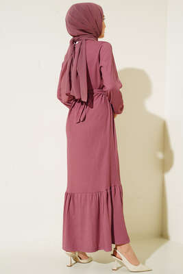 Kuşaklı Bürümcük Elbise Magenta - Tesettür Elbise