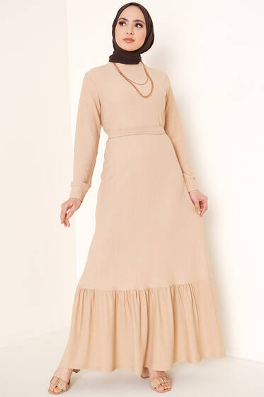 Kuşaklı Bürümcük Tesettür Elbise Bej - Bayan Elbise