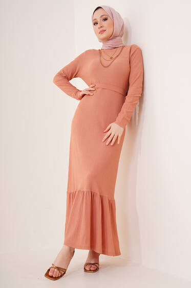 Kuşaklı Bürümcük Tesettür Elbise Gül Kurusu - Tesettür Elbise