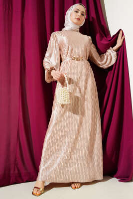 Kuşaklı Büzgü Piliseli Elbise Bej 