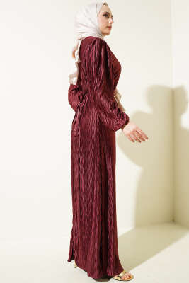 Kuşaklı Büzgü Piliseli Elbise Bordo - 700-1000 TL Ürünler