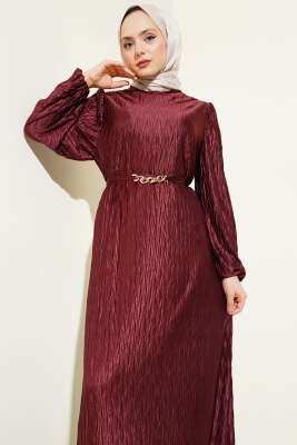 Kuşaklı Büzgü Piliseli Elbise Bordo - 700-1000 TL Ürünler