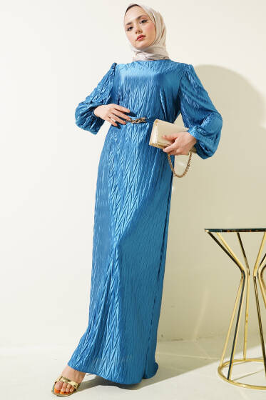 Kuşaklı Büzgü Piliseli Elbise İndigo - Elbise