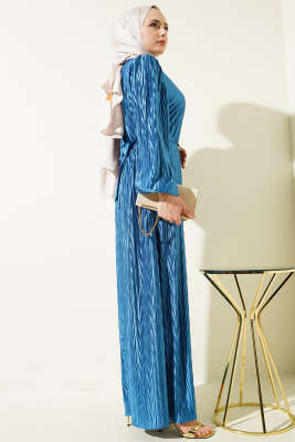 Kuşaklı Büzgü Piliseli Elbise İndigo - Tesettür Elbise