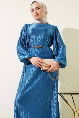 Kuşaklı Büzgü Piliseli Elbise İndigo - Tesettür Elbise