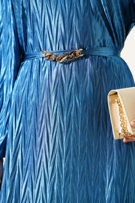 Kuşaklı Büzgü Piliseli Elbise İndigo - Tesettür Elbise