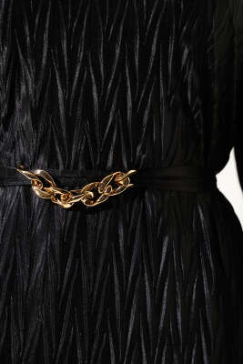 Kuşaklı Büzgü Piliseli Elbise Siyah - Tesettür Elbise