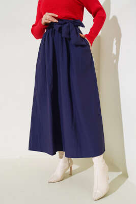 Kuşaklı Çan Etek Lacivert - Uzun Etek