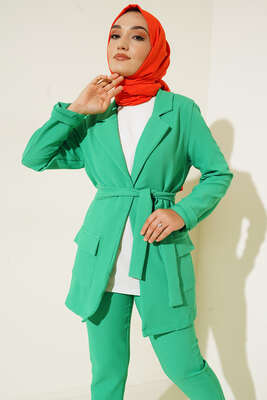 Kuşaklı Ceket Fitilli İkili Takım Yeşil - Thumbnail