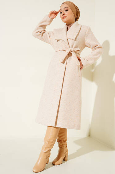 Kuşaklı Cepli Kaban Krem - Kaban