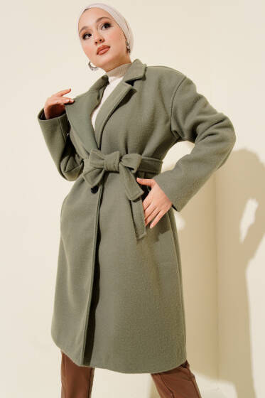 Kuşaklı Cepli Kaşe Kaban Çağla Yeşili - Kaban