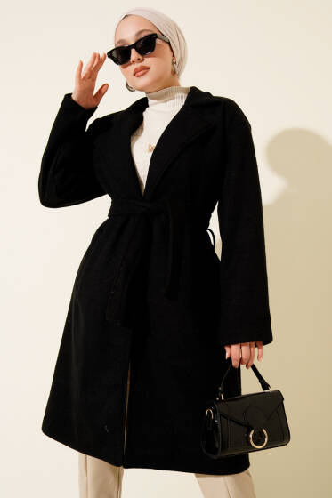 Kuşaklı Cepli Kaşe Kaban Siyah - Kaban