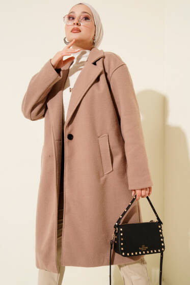 Kuşaklı Cepli Kaşe Kaban Vizon - Kaban