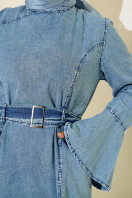 Kuşaklı Cepli Kot Elbise Kot Mavisi - Tesettür Elbise