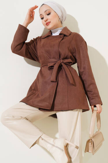 Kuşaklı Cepli Süet Ceket Kahve - Ceket
