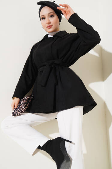 Kuşaklı Cepli Süet Ceket Siyah - Ceket