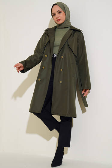 Kuşaklı Cepli Trençkot Haki - Trençkot