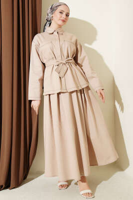Kuşaklı Çift Cepli Etekli İkili Takım Bej - HATUN