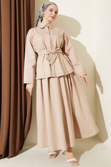 Kuşaklı Çift Cepli Etekli İkili Takım Bej - İkili Takım