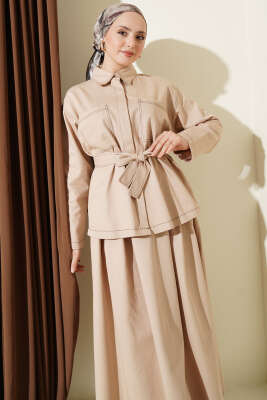 Kuşaklı Çift Cepli Etekli İkili Takım Bej - İkili Takım