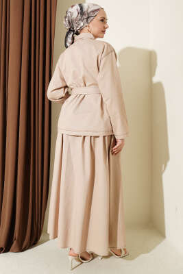 Kuşaklı Çift Cepli Etekli İkili Takım Bej - İkili Takım