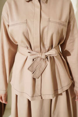 Kuşaklı Çift Cepli Etekli İkili Takım Bej - İkili Takım