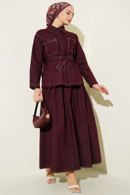 Kuşaklı Çift Cepli Etekli İkili Takım Bordo 