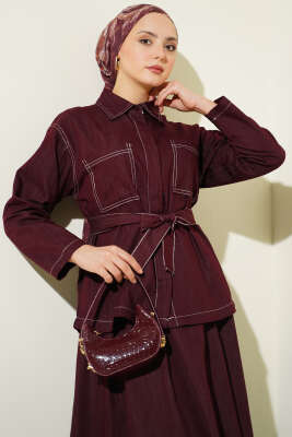 Kuşaklı Çift Cepli Etekli İkili Takım Bordo - İkili Takım