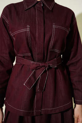 Kuşaklı Çift Cepli Etekli İkili Takım Bordo - İkili Takım