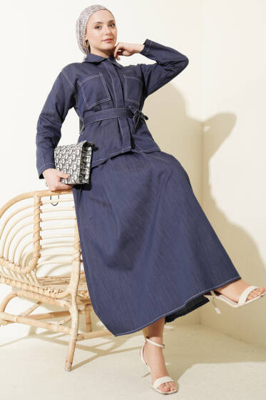 Kuşaklı Çift Cepli Etekli İkili Takım İndigo - İkili Takım